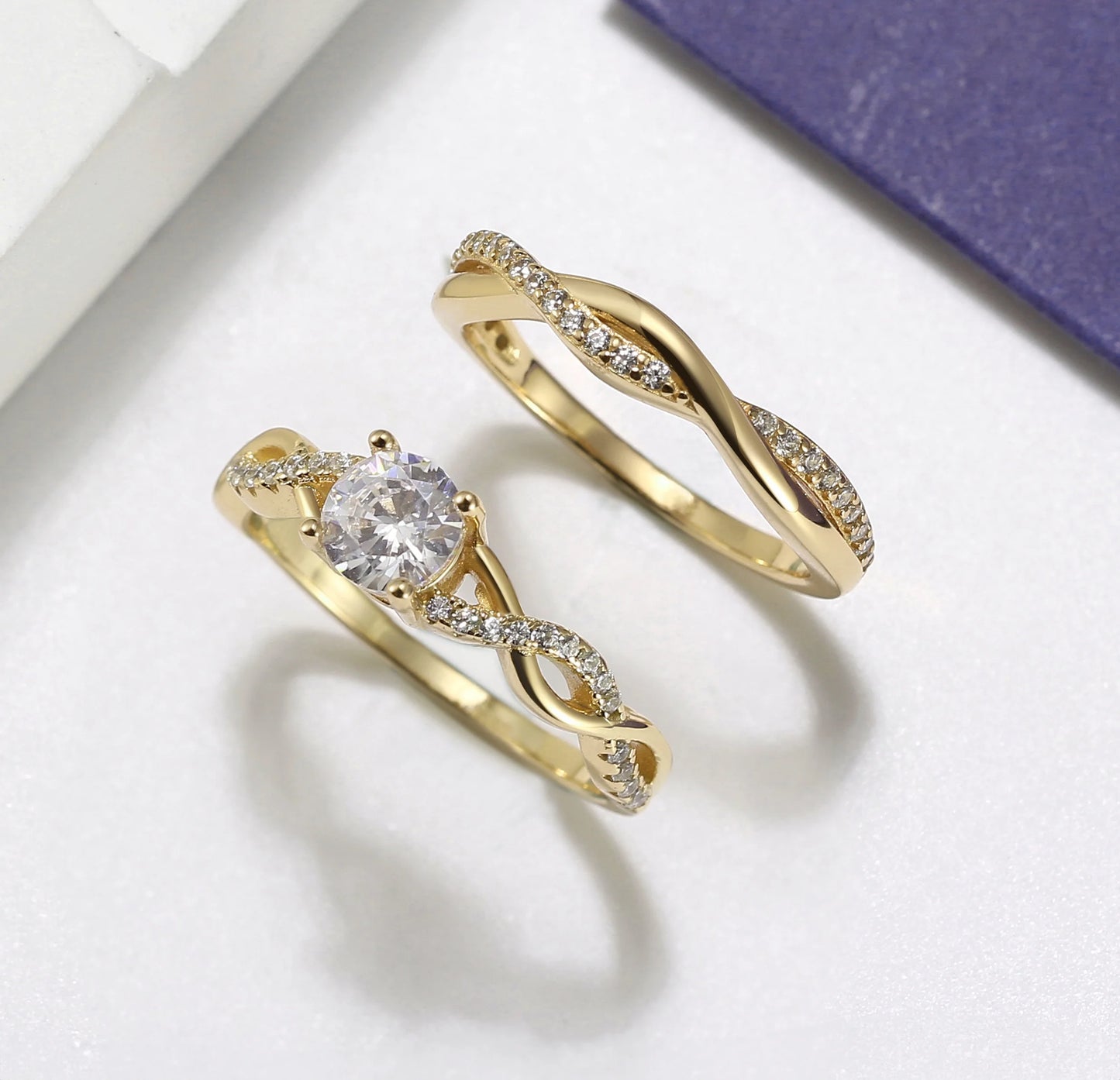 Queena Sterling Silver White Gold Wedding Ring Set for Women Cz Engagement Ring Eternity Band