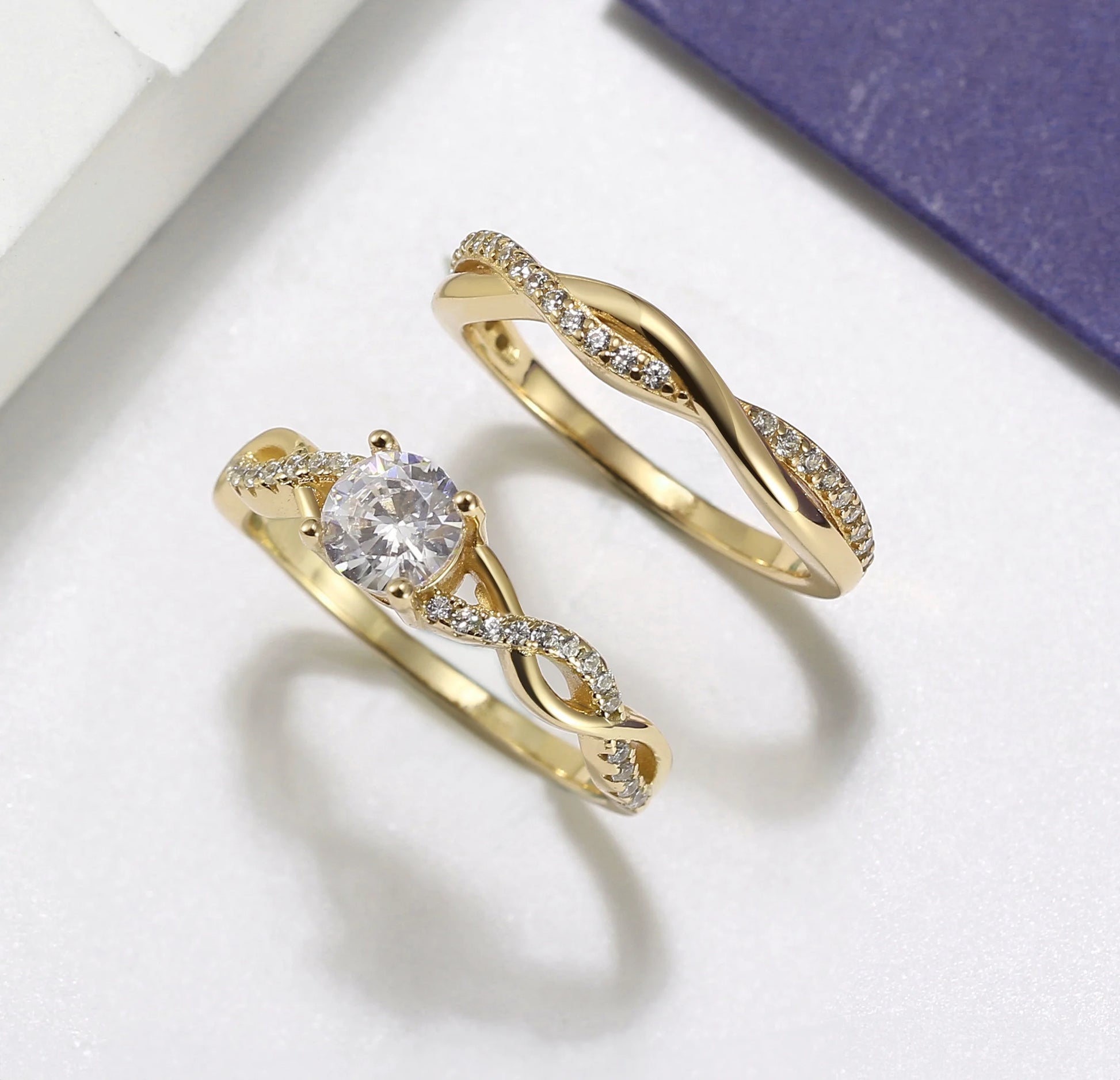 Queena Sterling Silver White Gold Wedding Ring Set for Women Cz Engagement Ring Eternity Band