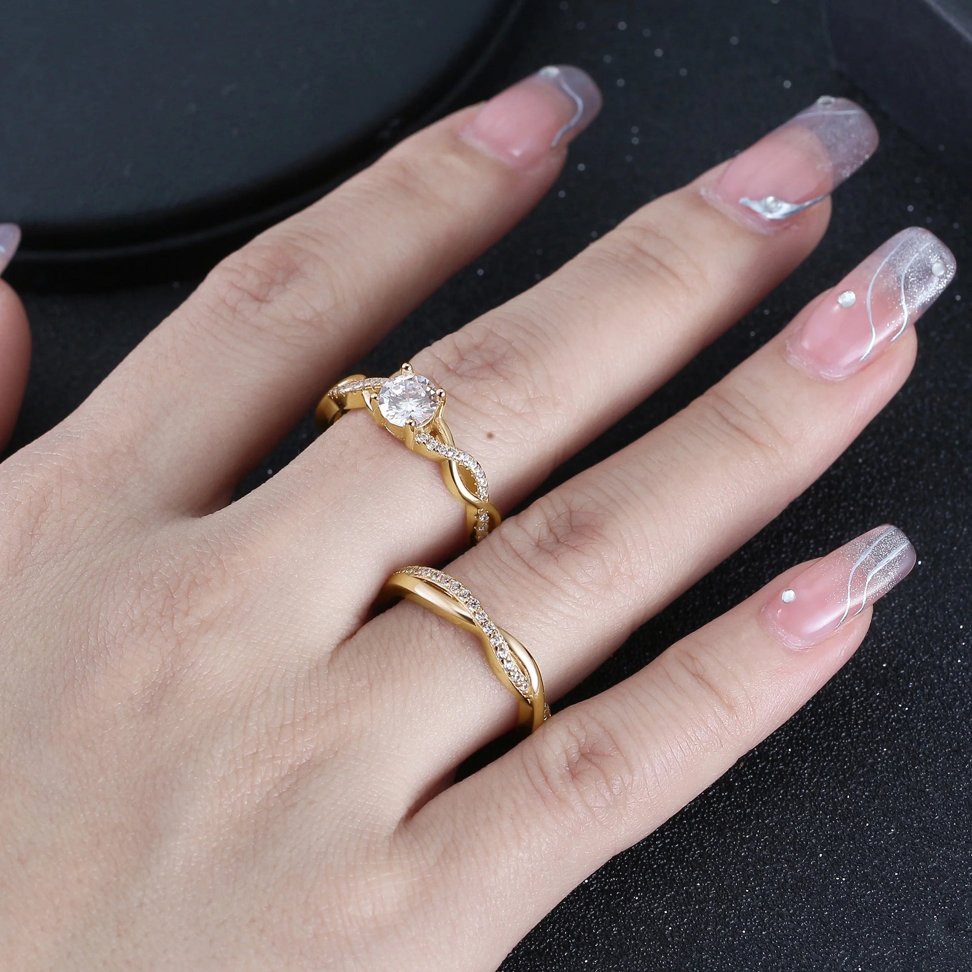 Queena Sterling Silver White Gold Wedding Ring Set for Women Cz Engagement Ring Eternity Band